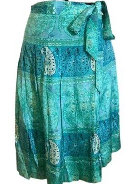 Banana Republic Silk Blend Wrap Midi Skirt Women's 10 Paisley Boho Turquoise
